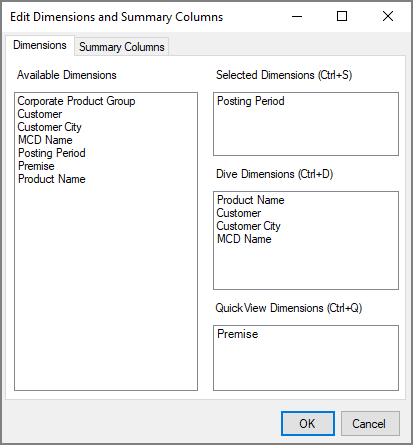 Here is the Dive Page Edit Dimensions and Summary Columns dialog box.