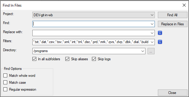 Find in Files Dialog Box