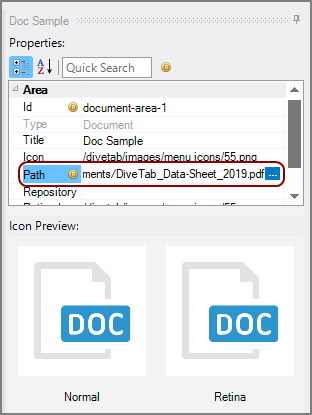 The button properties for a document area.