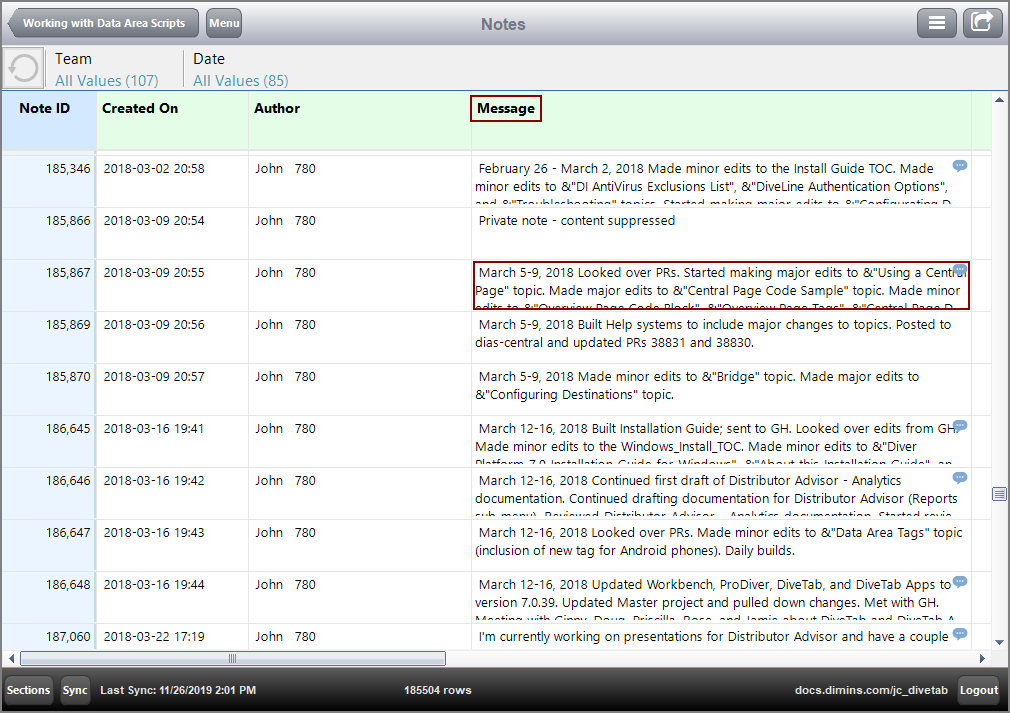 Report page with note messages.