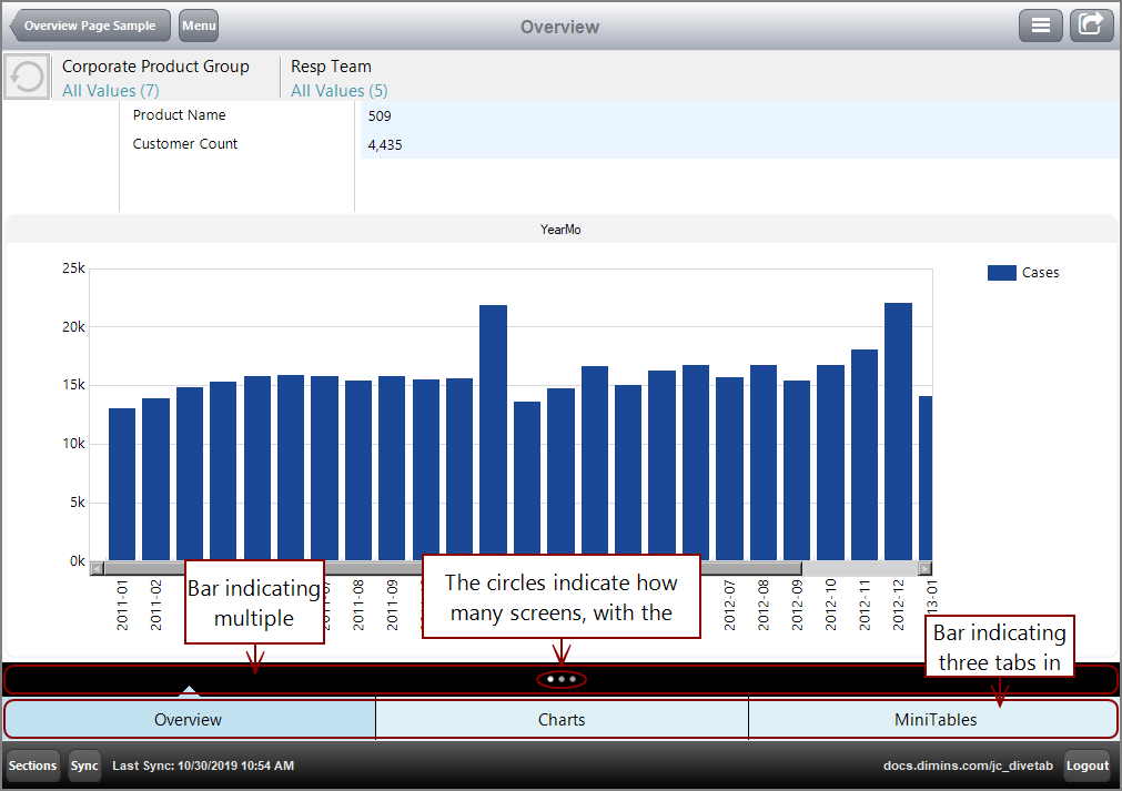 Example of an Overview page using multiple tabs and screens.