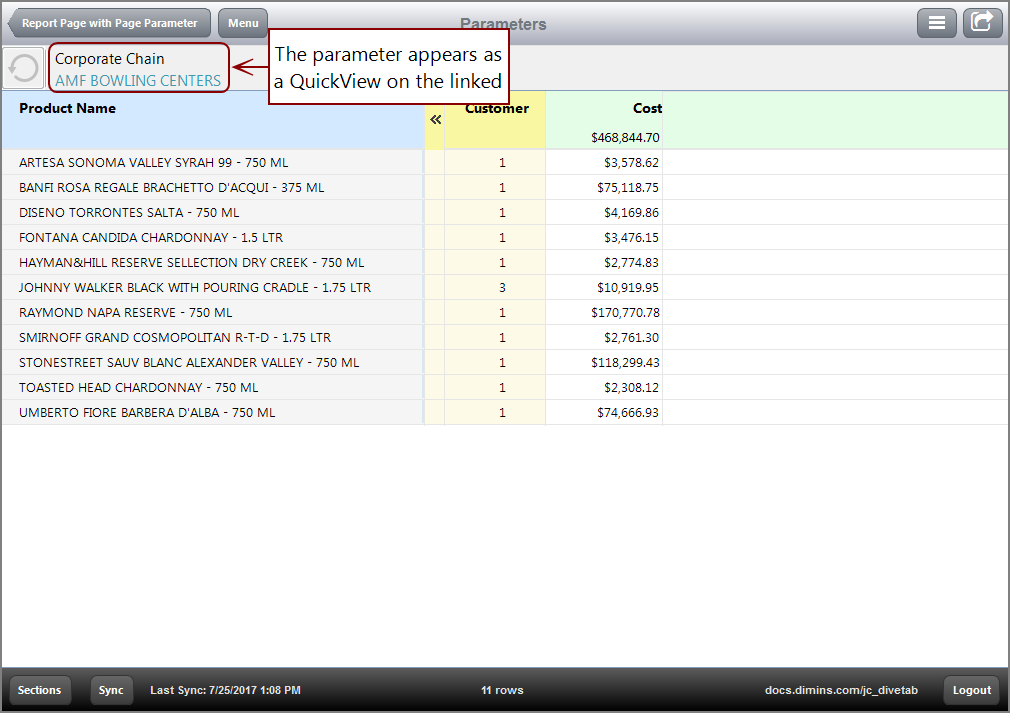 The resulting report page when the value for Wine is selected.
