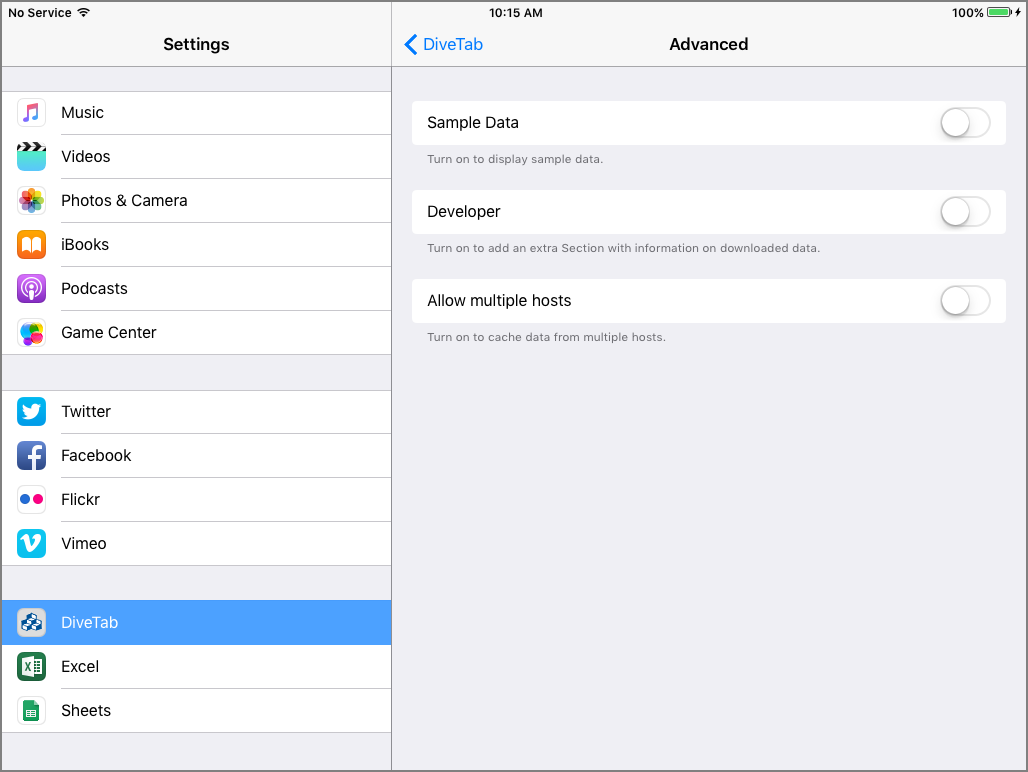 The Advanced options for DiveTab settings.
