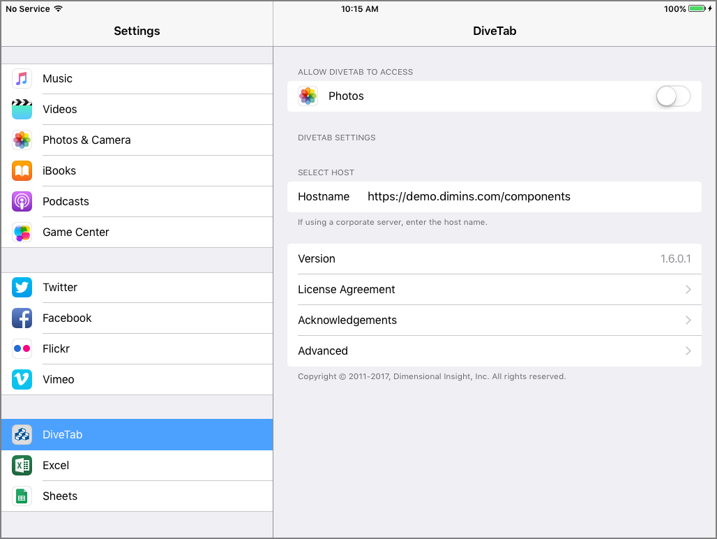 The DiveTab information in the Settings menu.