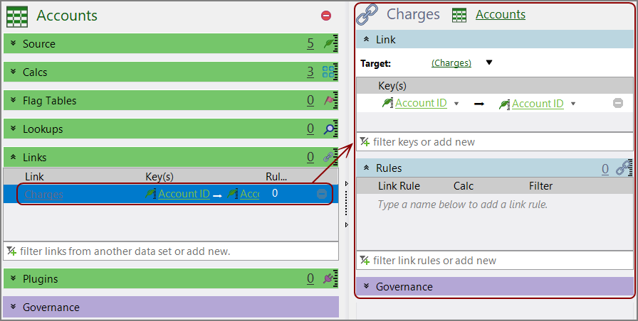 The link pane for the lookup with Target and Key(s) selected