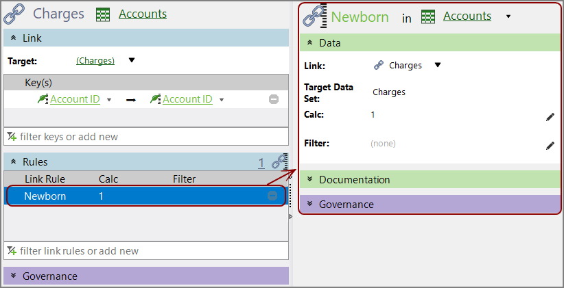 The detail pane for the link rule