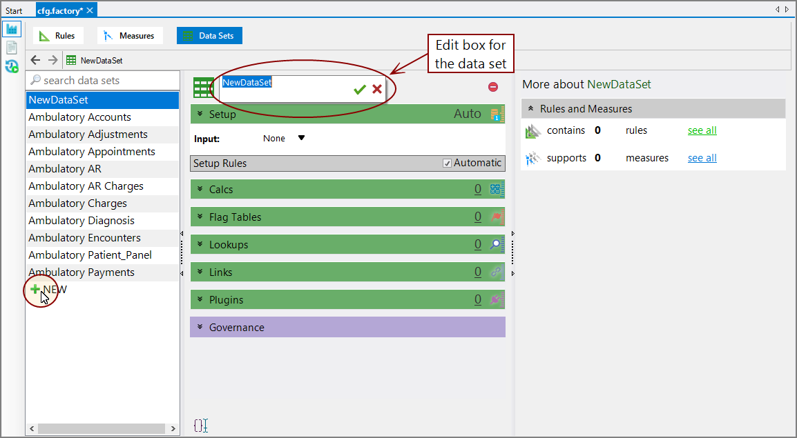 The new data set, ready to edit the name.