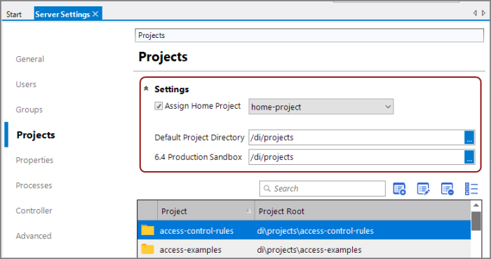 Server Settings Project Tab