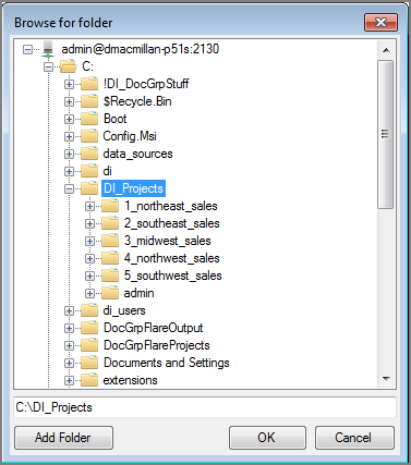 Browse for folder dialog box from Projects Tab set Production Sandbox