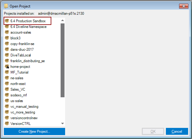 Open Project dialog box showing the 6.4 Production Sandbox project
