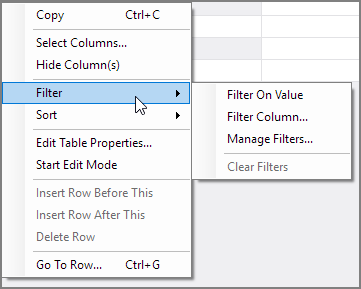 Table Editor Context Menu Filter Options