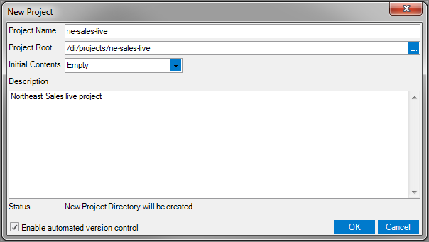 New Project Dialog Box to copy to
