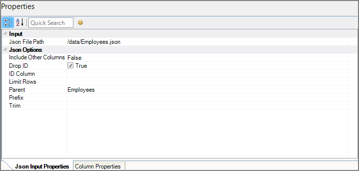 JSON Input Properties Tab