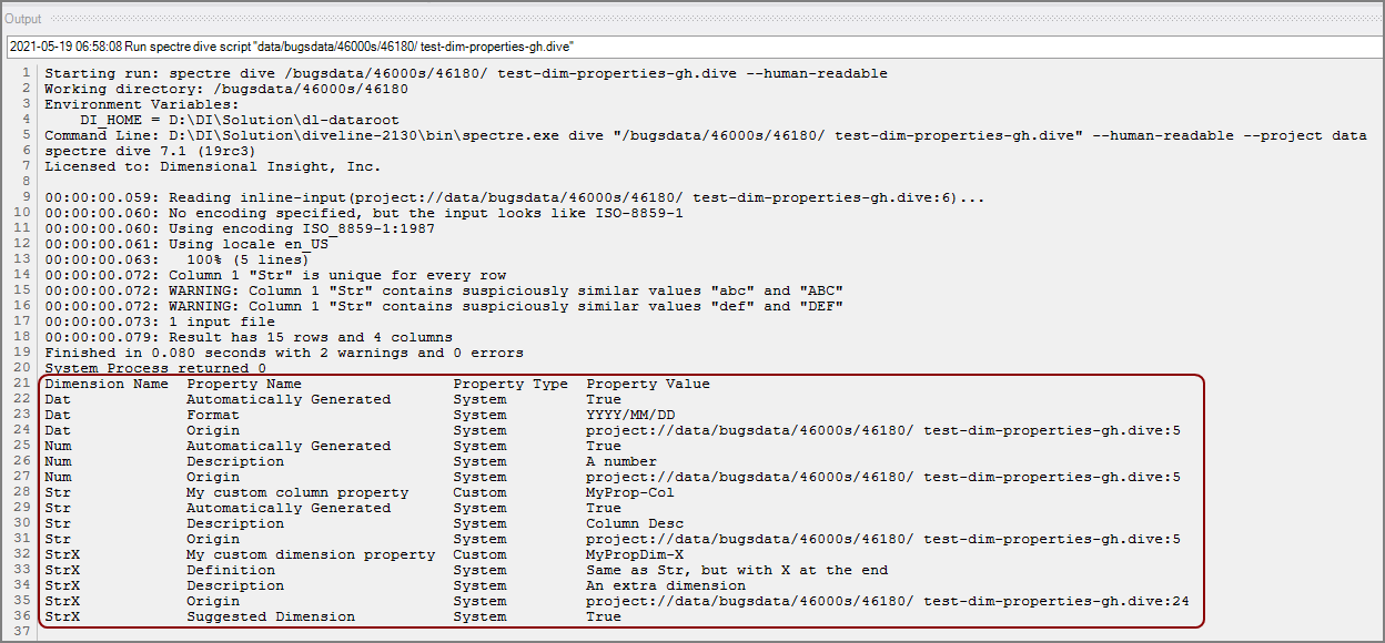 Dimension Properties Dive Window