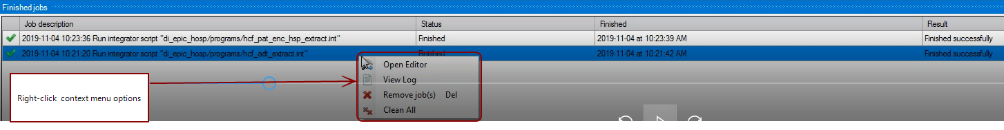 Right-click context menu for Finished Jobs