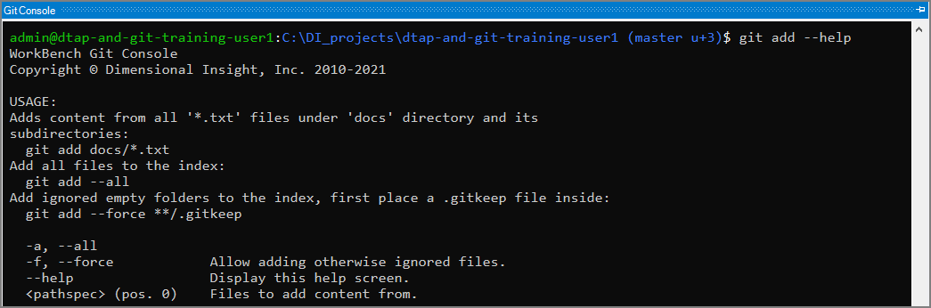 Workbench Git Console Help Example