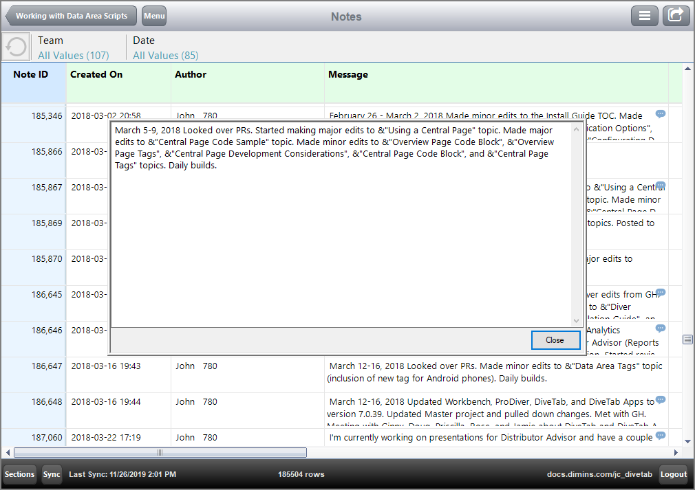 Content of a message used in a Report page.