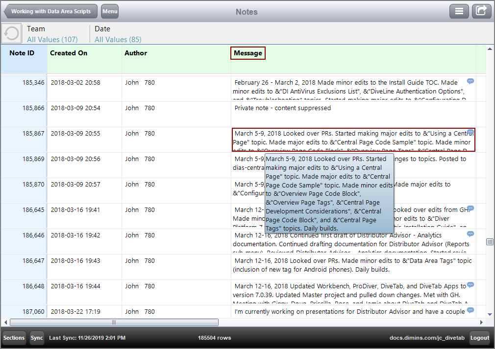 The note message tooltip preview.