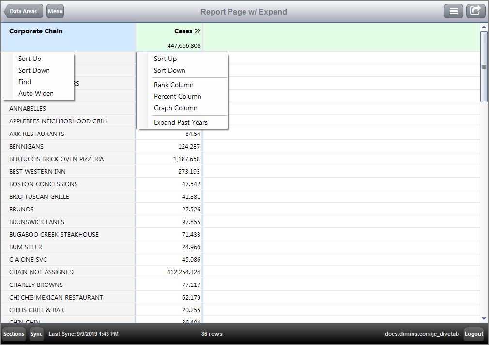 Sample Report Page with Context menu