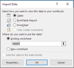Import Data dialog