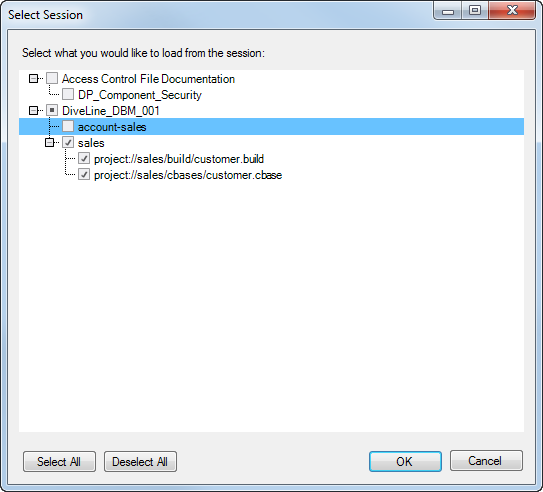 Select Session Dialog Box with Items Deselected