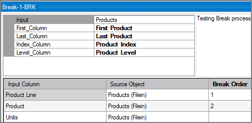 Example settings for a VI Break process object