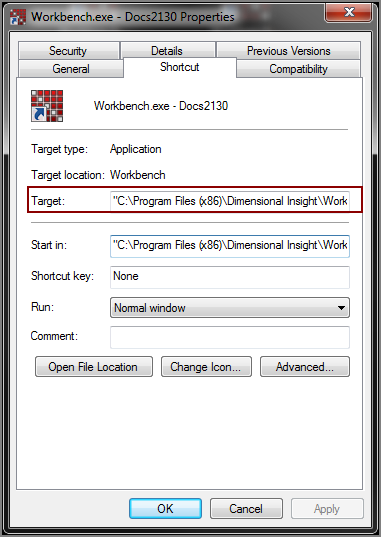 Woirkbench.exe shortcut Properties dialog box