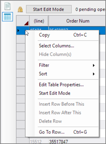 Insert Rows Context Menu Table Editor Options