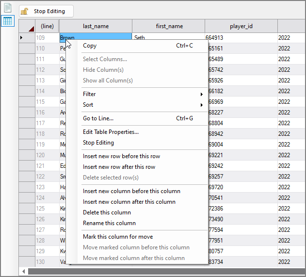Table Row Editor Table Editor Options