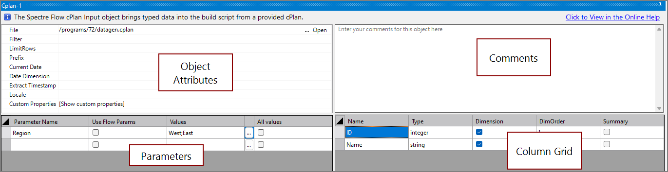 Spectre Flow cPlan Input Object Attributes