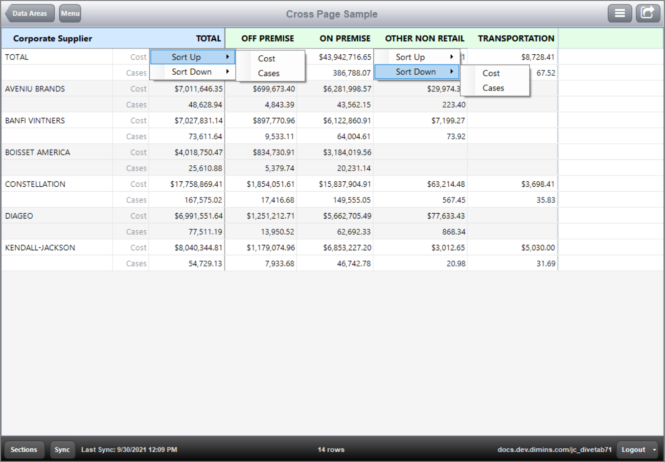 Column Context Menu Using a Cross Page