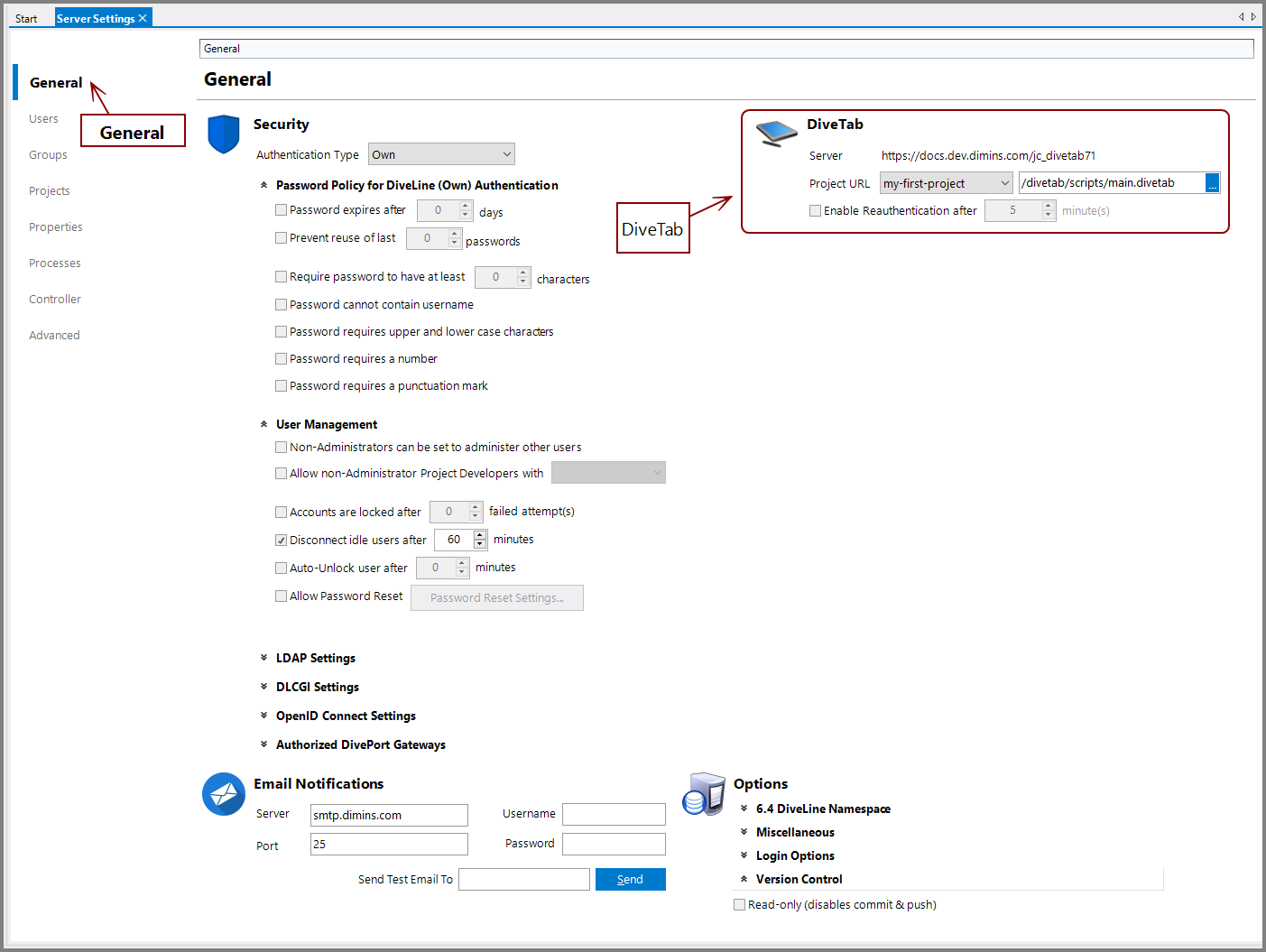 DiveTab Settings in Workbench