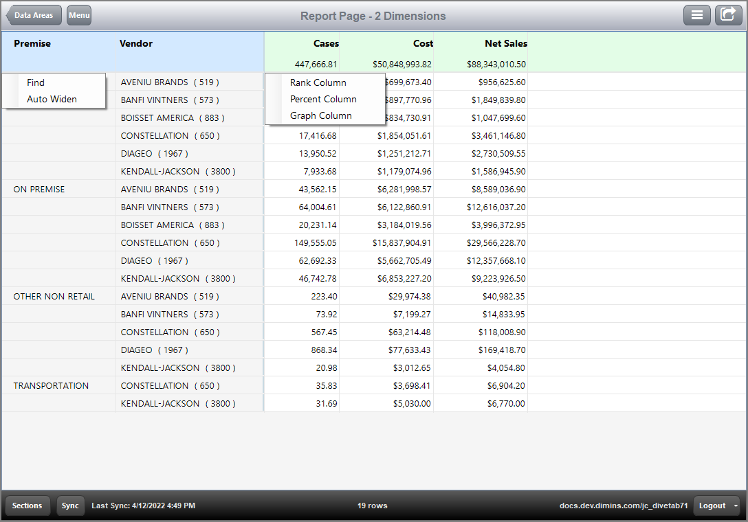 The dimension context menu of a report page with multiple dimensions.