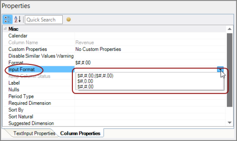text-input Colum Properties Input Format