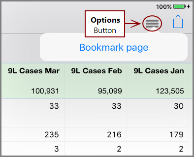 The Options Button for a bookmarking a tabular page on the iPad.