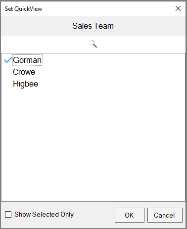 The Set QuickView dialog for Resp Team, set to display Gorman initially.