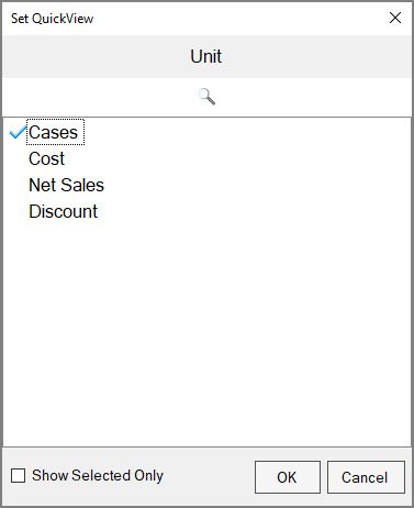 The Set QuickView dialog for the Metric.