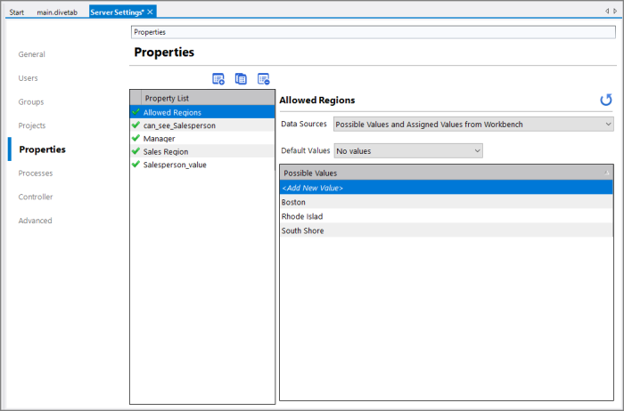 The Properties tab for Server Settings.