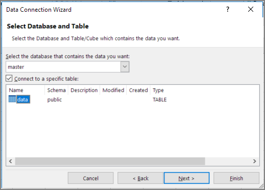 Select database and table