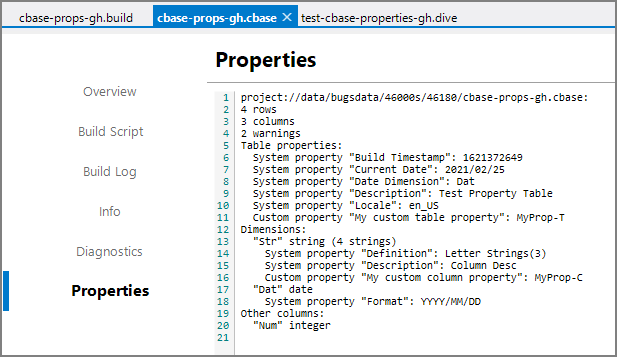 cBase Viewer Properties for the test cBase