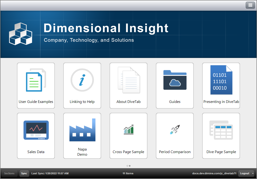Example of a main menu for DiveTab on the PC.