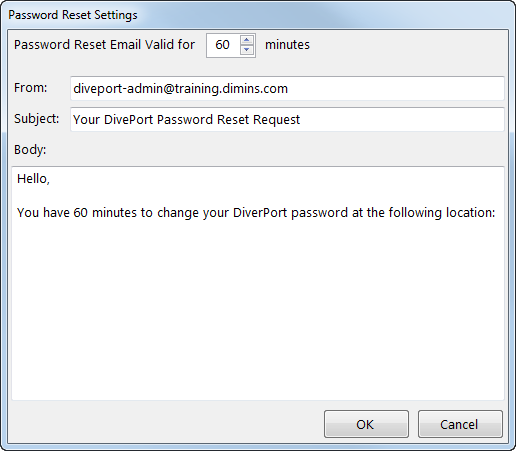 Password Reset Settings dialog box