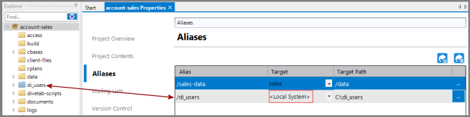 Example local system alias created in the project