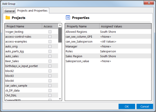 Groups Projects and Properties tab to select from available projects, add 