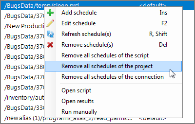 Available context commands for the schedules in Schedule view on start page