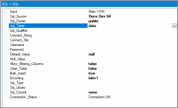 Example attributes pane for a VI SQL output object