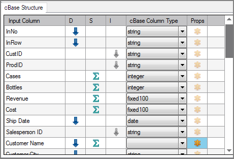 Example of a Model Structure column grid for a VI cBase output object
