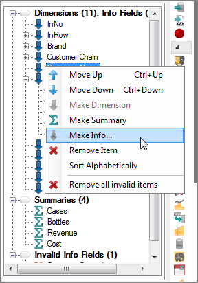 Example of the context menus for the tree grid of a VI cBase output object