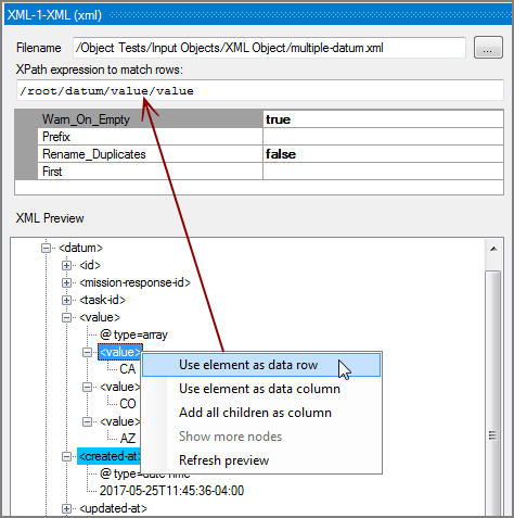 XML Input Object Multiple Datum Select Row