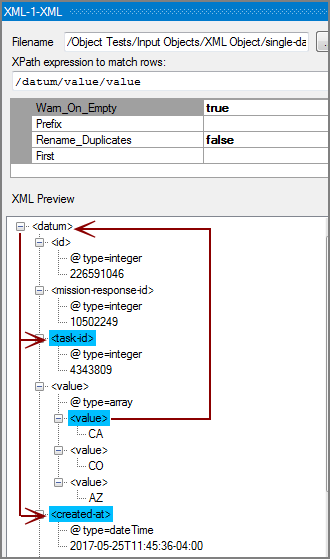 XML Input Object Single Datum Tree Selection